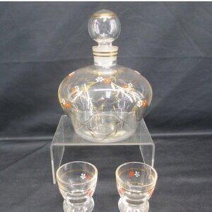 Vintage Collectible Czech Bohemian Floral Enameled Glass Decanter Set